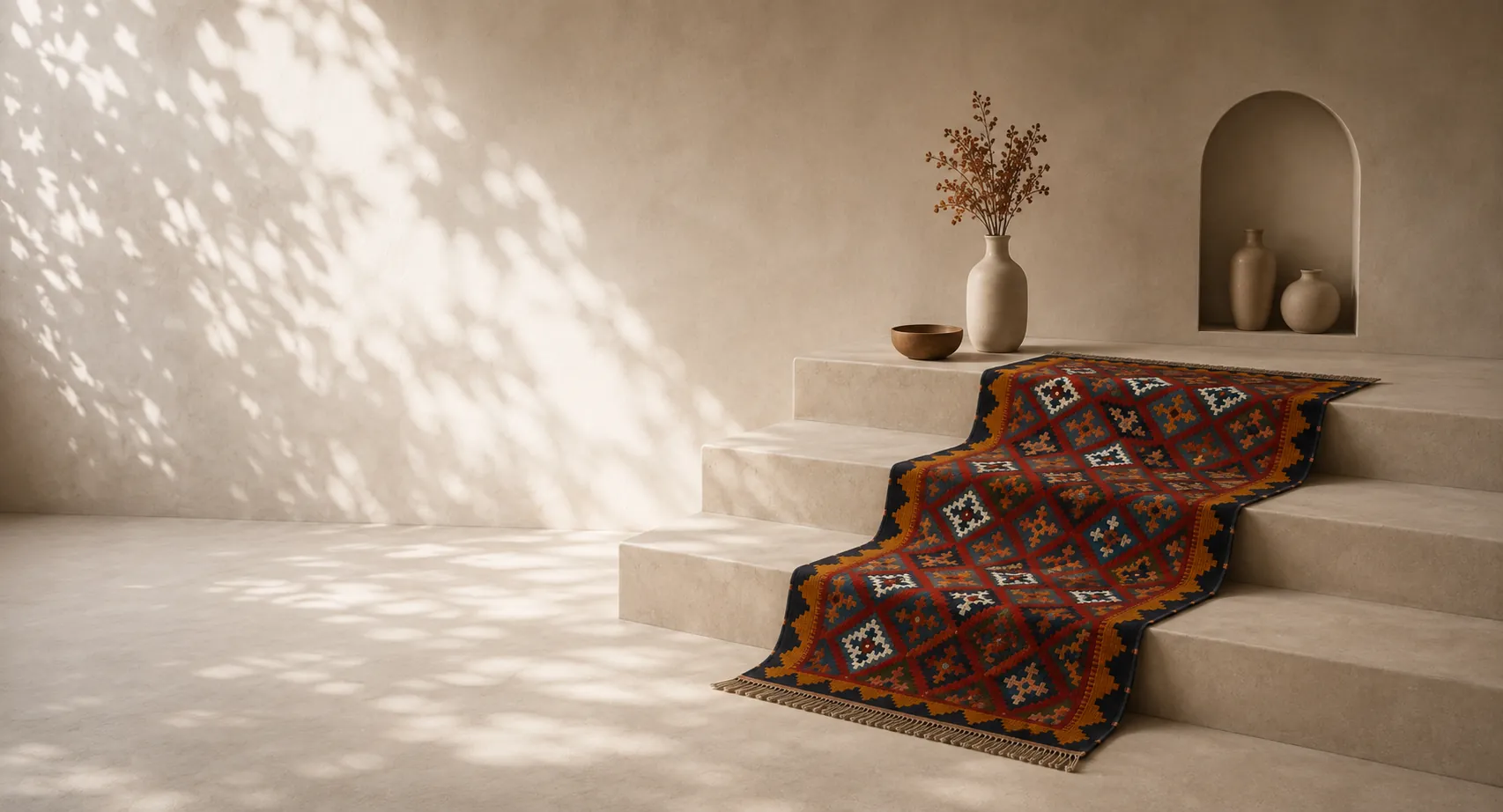 A handwoven Persian kilim draped over sunlit stone steps beside a courtyard door